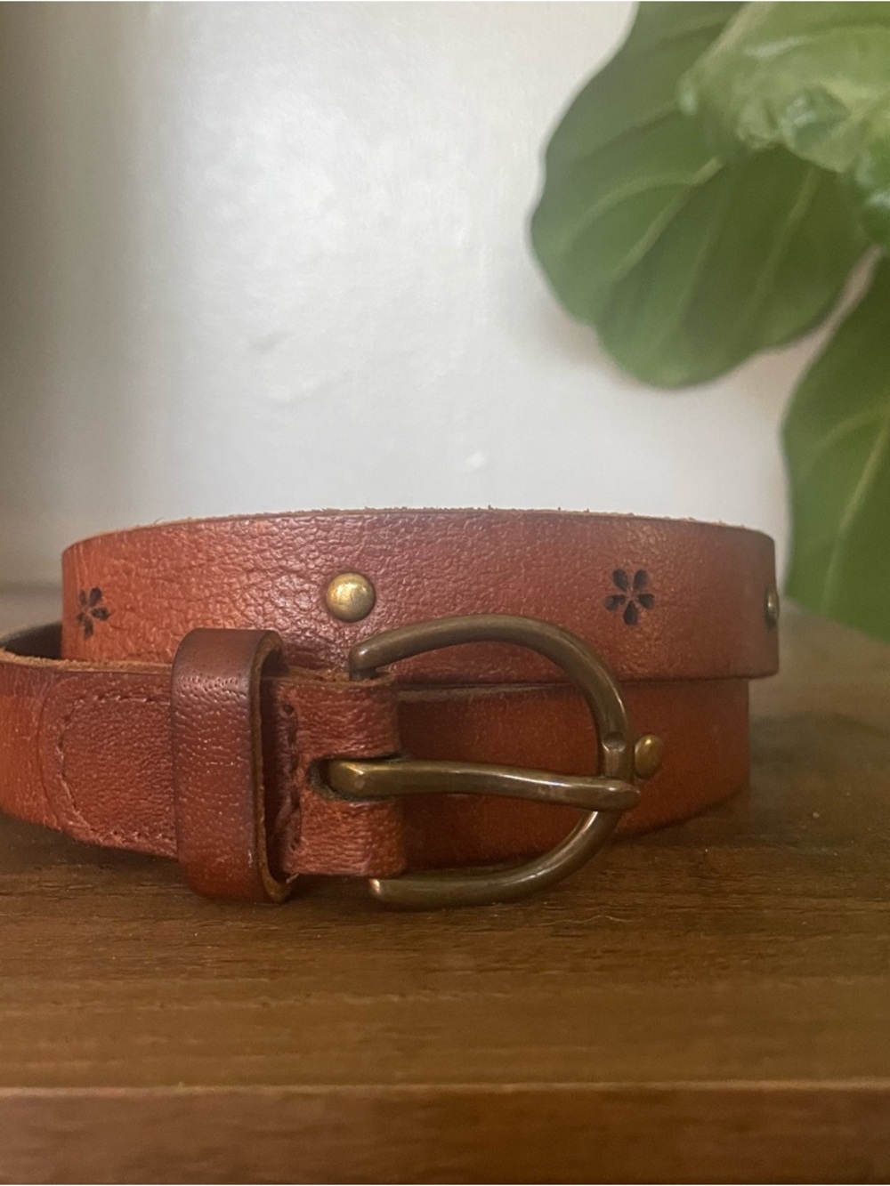 Abercrombie & Fitch Brown Leather Floral-Stamped Belt with Brass Buckle